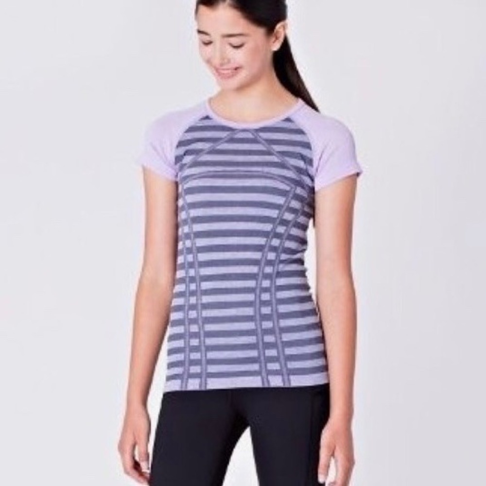 Ivivva by Lululemon Girls' Fly Tech Short Sleeve‎ Striped Tee, Purple